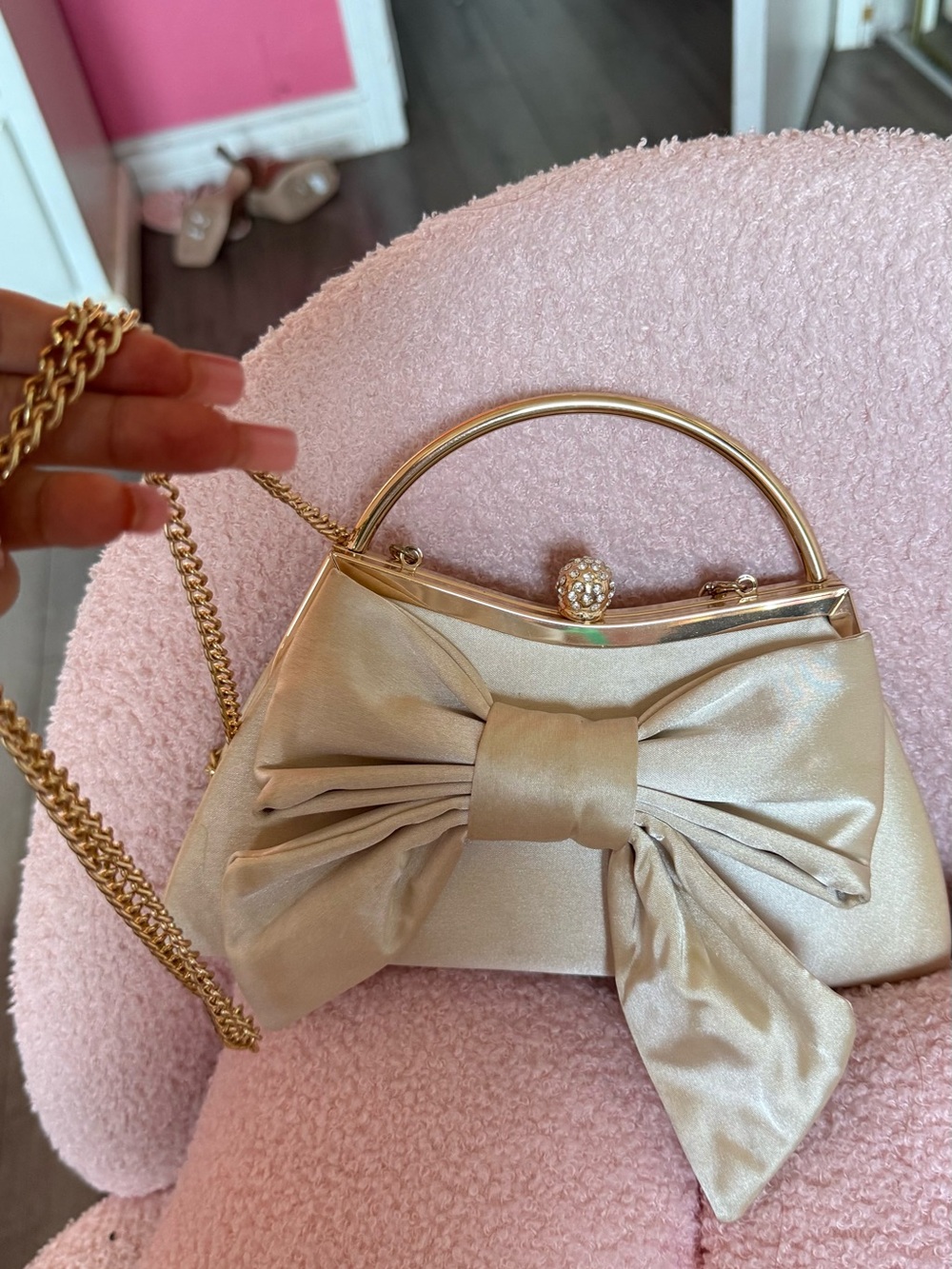 ANTONIO MELANI Satin Bow Clutch in Champagne Gold
